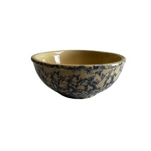 Vintage R.R.A. Co Yellow Blue Spongeware Stoneware Bowl‎ 6.5" Footed Mixing USA